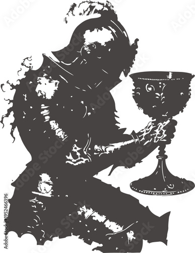 Medieval knight in armor holding ornate chalice, sitting in reflective pose, vintage illustration