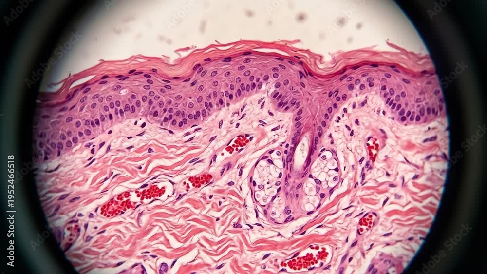 Microscopic cross section of human skin tissue showing epidermis dermis ...