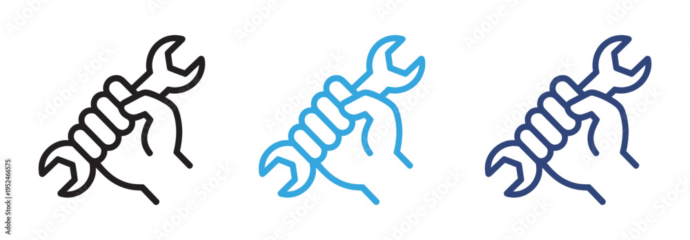 Obraz premium Hand Holding Wrench Icon Set Vector Collection with Repair Tool, Mechanical Maintenance and Construction Equipment Symbols in Outline