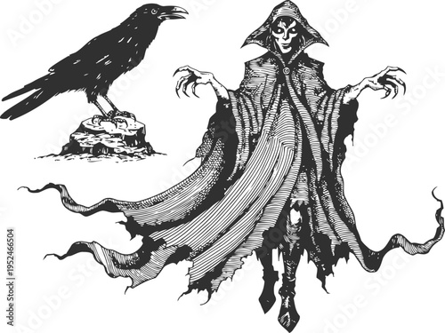 Grim reaper figure with flowing cloak and skeletal face beside a black crow on a rock