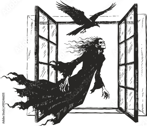 ghastly skeletal figure with flowing cloak emerging from window, dark bird flying above