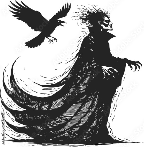 dark cloaked figure with flowing tattered robes and a menacing raven flying beside