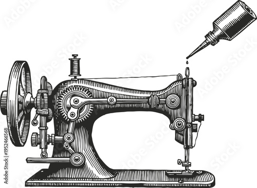 Vintage sewing machine illustration with oil bottle, mechanical parts, classic tailoring tool design