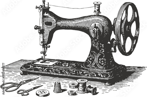 Vintage sewing machine with accessories handcrafted needlework, fabric tailoring tools and thread spools