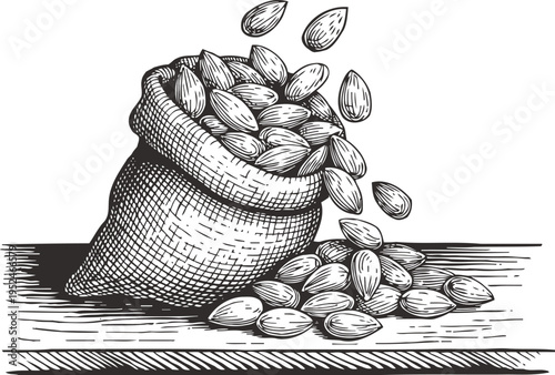 Sack of almonds spilling out hand drawn nut pile on rustic wooden surface, vintage illustration