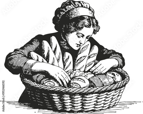 Woman arranging freshly baked bread loaves in a large woven basket vintage engraving illustration