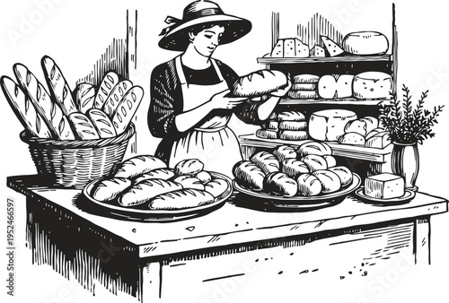 Woman baking and arranging fresh bread in a rustic bakery setting with loaves and baguettes