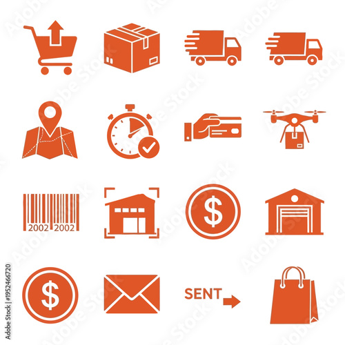 Ecommerce and delivery icons on white background