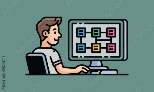 A man is intently focused on a computer screen displaying a colorful complex flowchart diagram