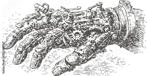 mechanical robotic hand detailed illustration with gears and joints in steampunk