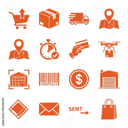 Ecommerce and delivery icons in orange on white background
