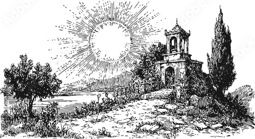 Rustic chapel on hill with sunburst behind, trees and rocky path in vintage black and white engraving
