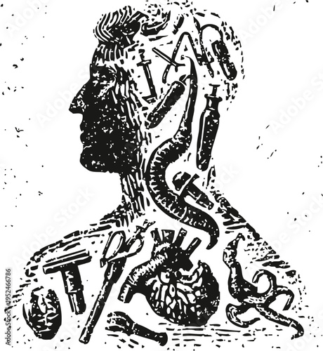 Human silhouette filled with abstract internal organs and body parts illustration