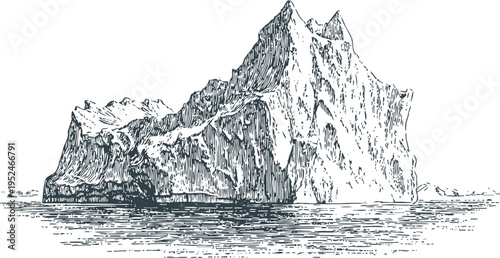 Detailed vintage engraving of a floating iceberg in calm ocean waters