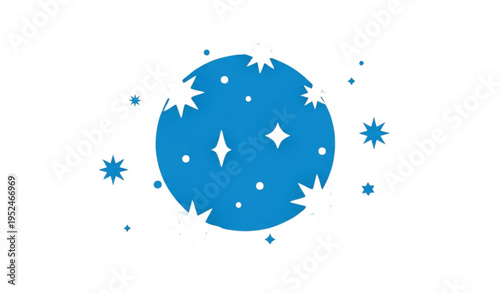 A blue circle with white and blue stars and dots on a white background