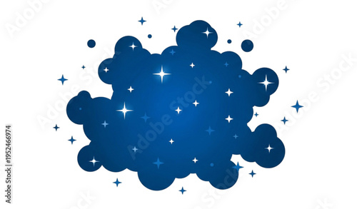 A blue cloud with white stars and sparkles on a transparent background
