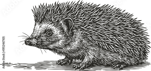 Detailed hedgehog illustration with spiny fur and curious expression, black and white wildlife drawing