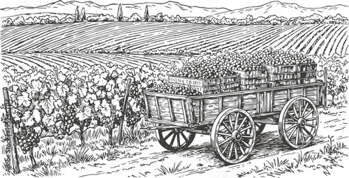 vintage wooden cart loaded with grape crates in vineyard field landscape drawing