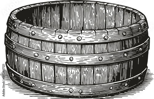 Vintage wooden barrel with metal bands, rustic handcrafted storage container illustration