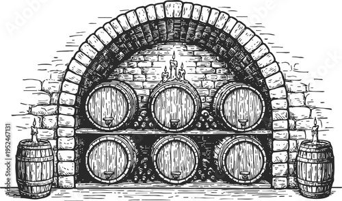 vintage wine cellar interior with wooden barrels stacked under stone arch and candles