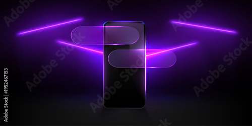 Modern smartphone and glass morphism message bubbles on black background with neon purple lights. Vector realistic illustration of gadget mockup with empty screen, chat interface, messenger app design