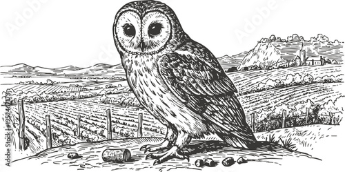 Vintage engraved illustration of owl sitting on ground with countryside landscape background