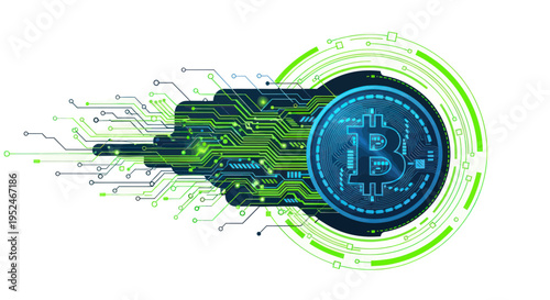 Bitcoin Cryptocurrency Digital Coin with Futuristic Circuit Board Technology