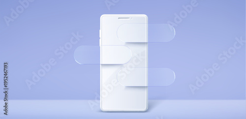 White smartphone and glass morphism message bubbles on pastel background. Vector realistic illustration of gadget mockup with empty screen, product display with transparent frames