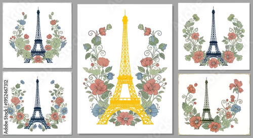 Eiffel Tower floral illustration, Paris landmark, romantic flowers bouquet, French icon