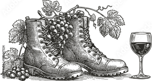 Vintage boots with grapevine and glass of wine retro drawing of leather hiking shoes, grape bunch with leaves, alcoholic drink