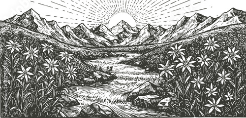 Mountain landscape with flowing river and wildflowers under rising sun in detailed engraving