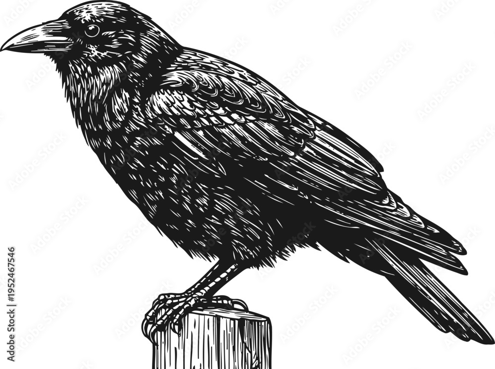 Obraz premium Detailed black raven perched on wooden post, intricate feather texture, bird illustration
