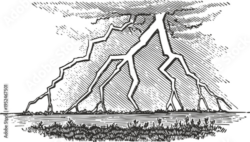Lightning strike over landscape with detailed clouds and vegetation in vintage engraving