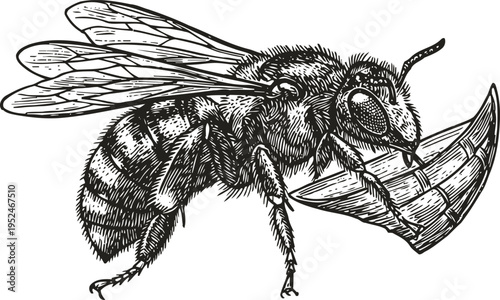 Detailed black and white illustration of a bee collecting nectar from a flower petal