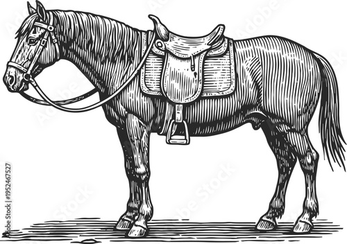 Side view of a saddled horse standing still, vintage engraving drawing