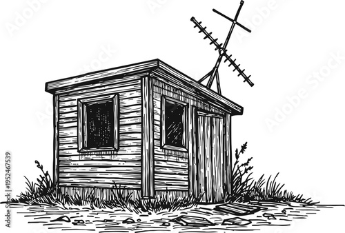Rustic wooden shed with broken antenna surrounded by grass and stones, vintage countryside building