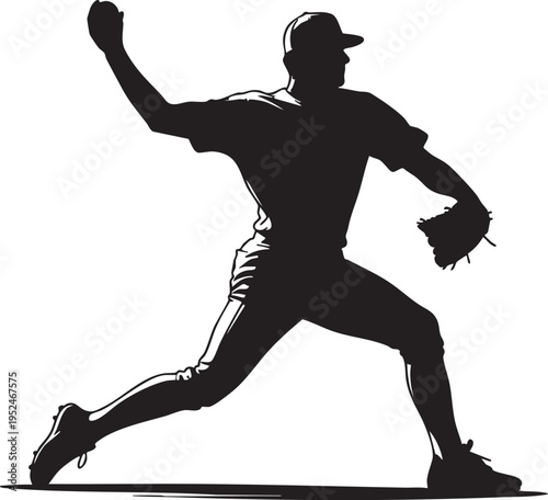 Striking black and white vector graphic illustration depicting a baseball pitcher in the dynamic motion of delivering a powerful pitch toward the batter.