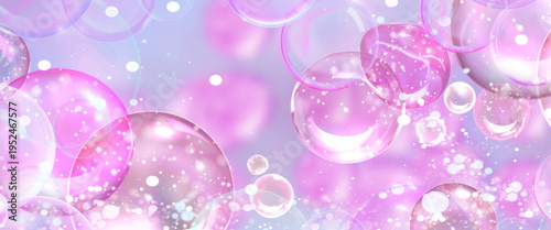 Transparent rainbow soap bubbles realistic vector background. Pink and blue iridescent gradient balloon with shining effect, 3d glossy water spheres, shampoo, cosmetic bath product, dreamy design