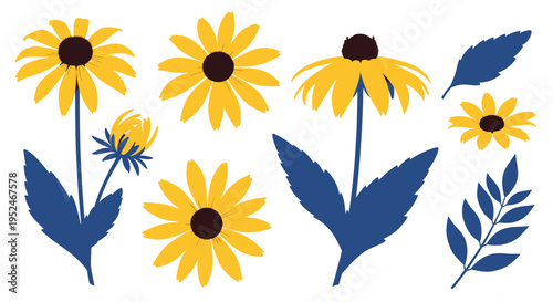 Vibrant Yellow Daisy Flowers with Blue Leaves - Isolated Elements