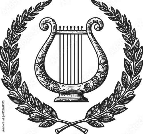 Elegant vintage lyre with laurel wreath classical music instrument symbol and victory emblem in black and white engraving