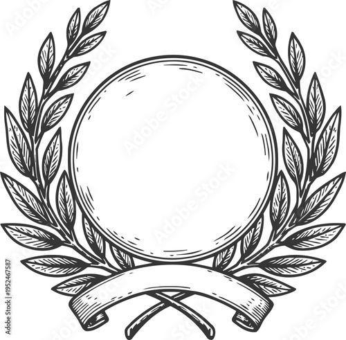 laurel wreath emblem with circular frame and decorative ribbon vintage design