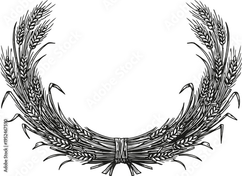 Illustration of a wheat wreath with stalks tied in a circular shape, vintage agricultural design