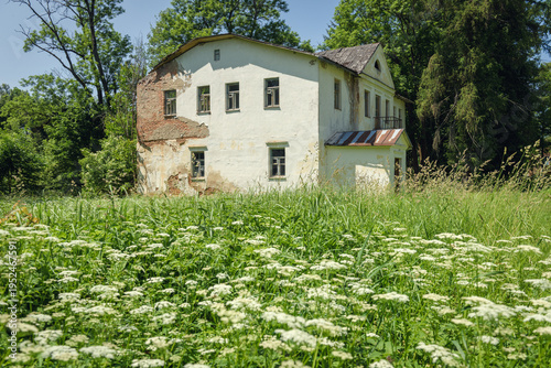 Abandoned White Building Surrounded By Wildflowers And Green Vegetation