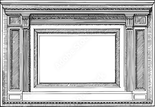 Classic vintage fireplace mantel sketch ornate woodframe design with decorative molding and carved details in black and white