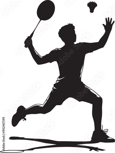Dynamic vector illustration silhouette of an athletic badminton player executing a powerful overhead smash shot against a stark white background