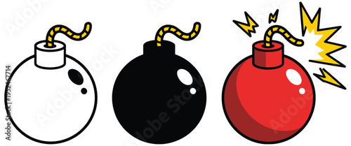 Three cartoon bombs in white, black and red with yellow fuses and explosion effect, comic explosive objects illustration set, danger and action concept isolated on white background.
