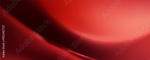 Red satin waves flow across abstract background with modern geometric patterns and dark gradient textures creating dynamic digital design for presentations. Vector Illustration.
