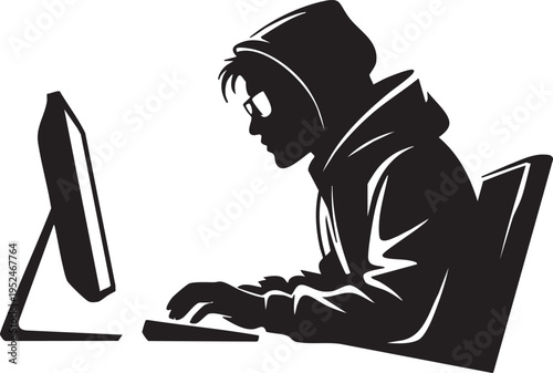 Silhouette vector graphic illustration of a focused hacker wearing glasses and a hoodie intently typing on a computer keyboard in darkness
