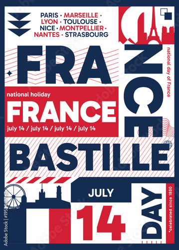 Wallpaper Mural France Bastille Day poster. Vector illustration with flag colors, utilitarian and bold style for web card, cover, print, social media post. Patriotic holiday infographic composition concept Torontodigital.ca