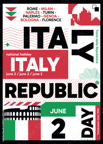 Wallpaper Mural Italy Republic Day poster. Vector illustration with flag colors, utilitarian and bold style for web card, cover, print, social media post. Patriotic holiday infographic composition concept Torontodigital.ca
